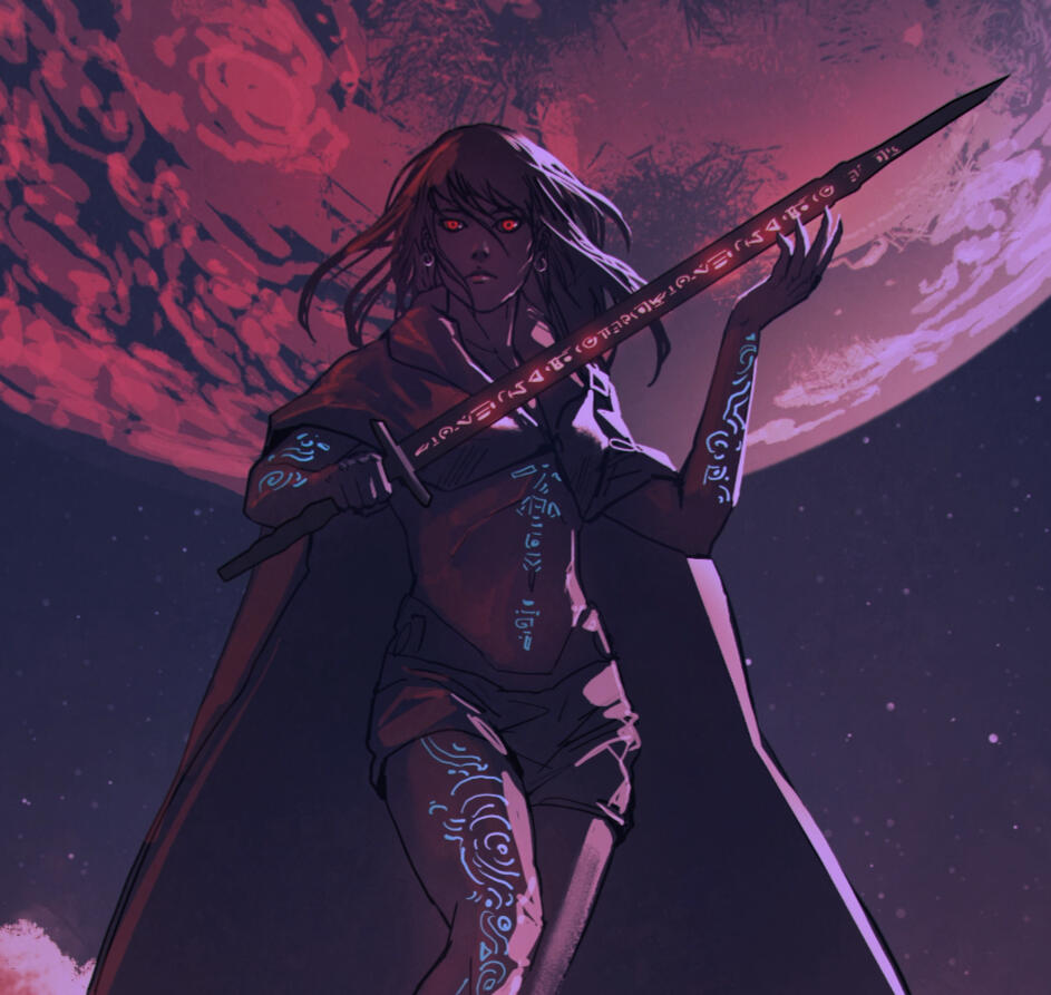 Art by Tithi Luadthong depicting a woman with a sword