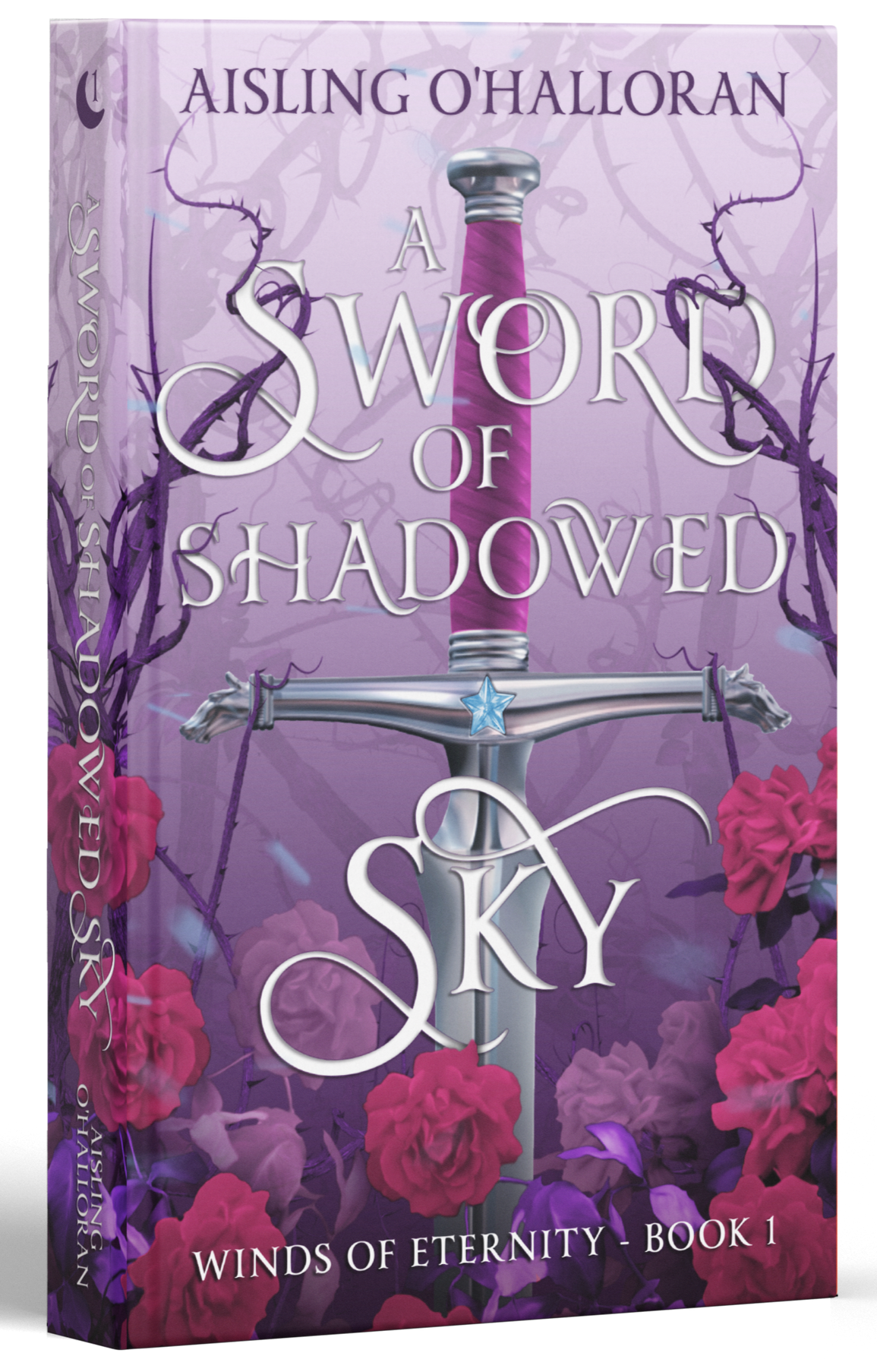 Cover for A Sword of Shadowed Sky A Sword is in a misty garden with pink flowers surrounded by purple vines.