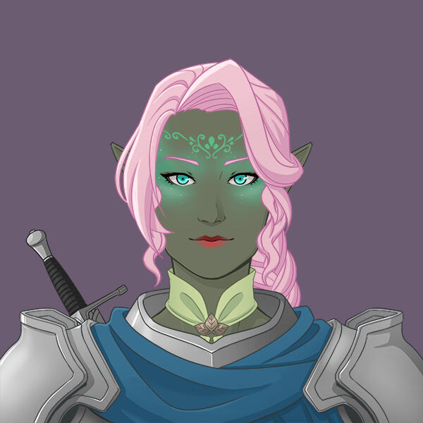 A Picrew illustration of Aisling O'Halloran as a woman with strawberry blonde hair, gray eyes, and a lot of freckles.